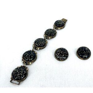 Confetti Lucite Bracelet and Clip on Earrings Black Gold 8.5" Vtg Unsigned